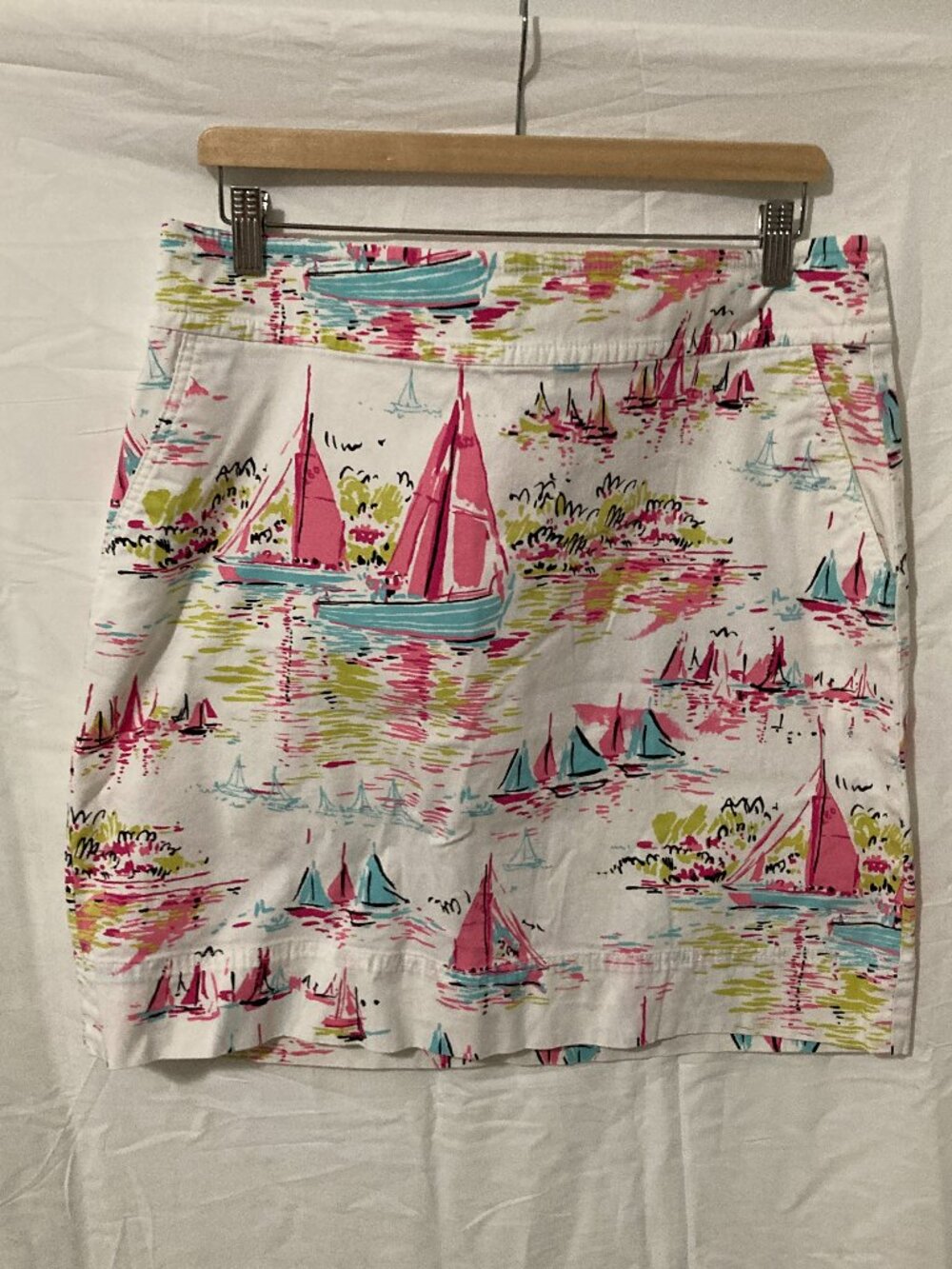 Talbots Women 14 White Pink Toile Boat Summer Print Straight Skirt Cotton Preppy